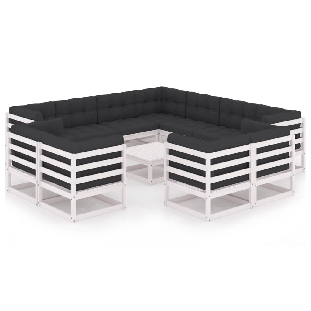 12-tlg. Garten-Lounge-Set mit Kissen Weiss Kiefer Massivholz